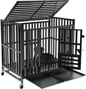 43Inch Heavy Duty Indestructible Dog Crate, Upgraded Thickened Reinforced Material, 3-Door Design, Easy to Assemble Large Dog Crate for Medium and Large Dogs, With 4 Lockable Wheels and Removable Tray