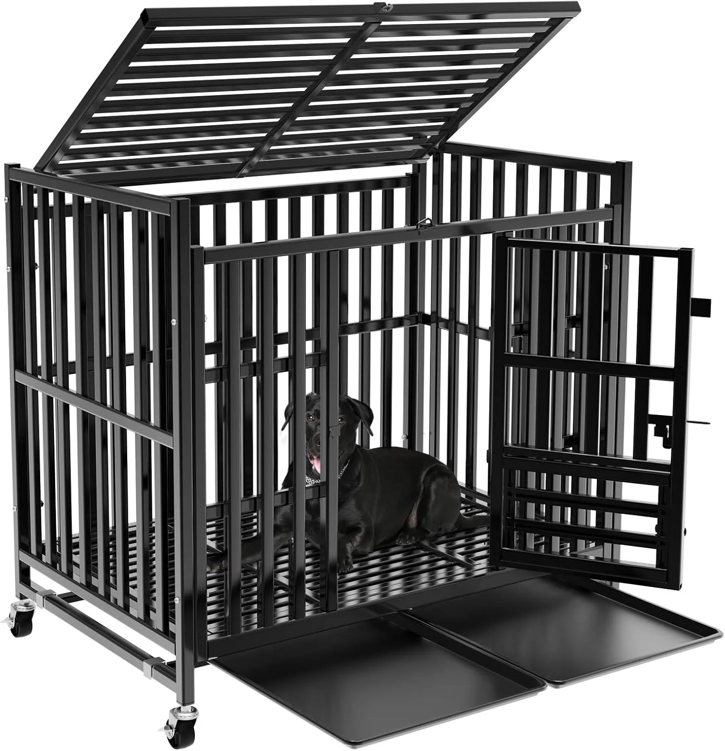 43Inch Heavy Duty Indestructible Dog Crate, Upgraded Thickened Reinforced Material, 3-Door Design, Easy to Assemble Large Dog Crate for Medium and Large Dogs, With 4 Lockable Wheels and Removable Tray