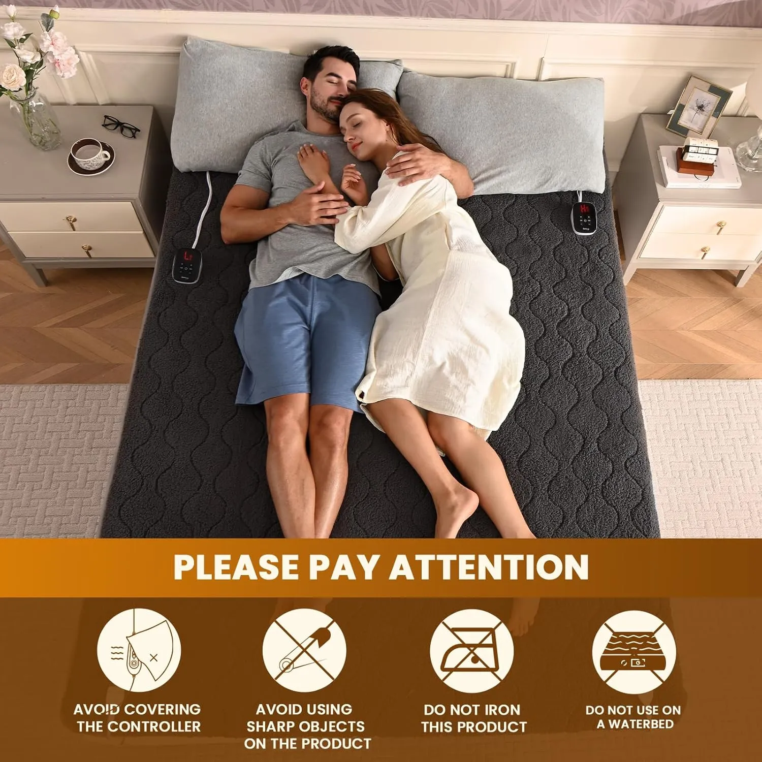 Bearhug Electric Heated Mattress Pads King Size Dual Controllers 7880 Sherpa Bed Warmer 21 Deep Pocket 10 Heat Settings 12-Hour Timer Machine Washable Gray