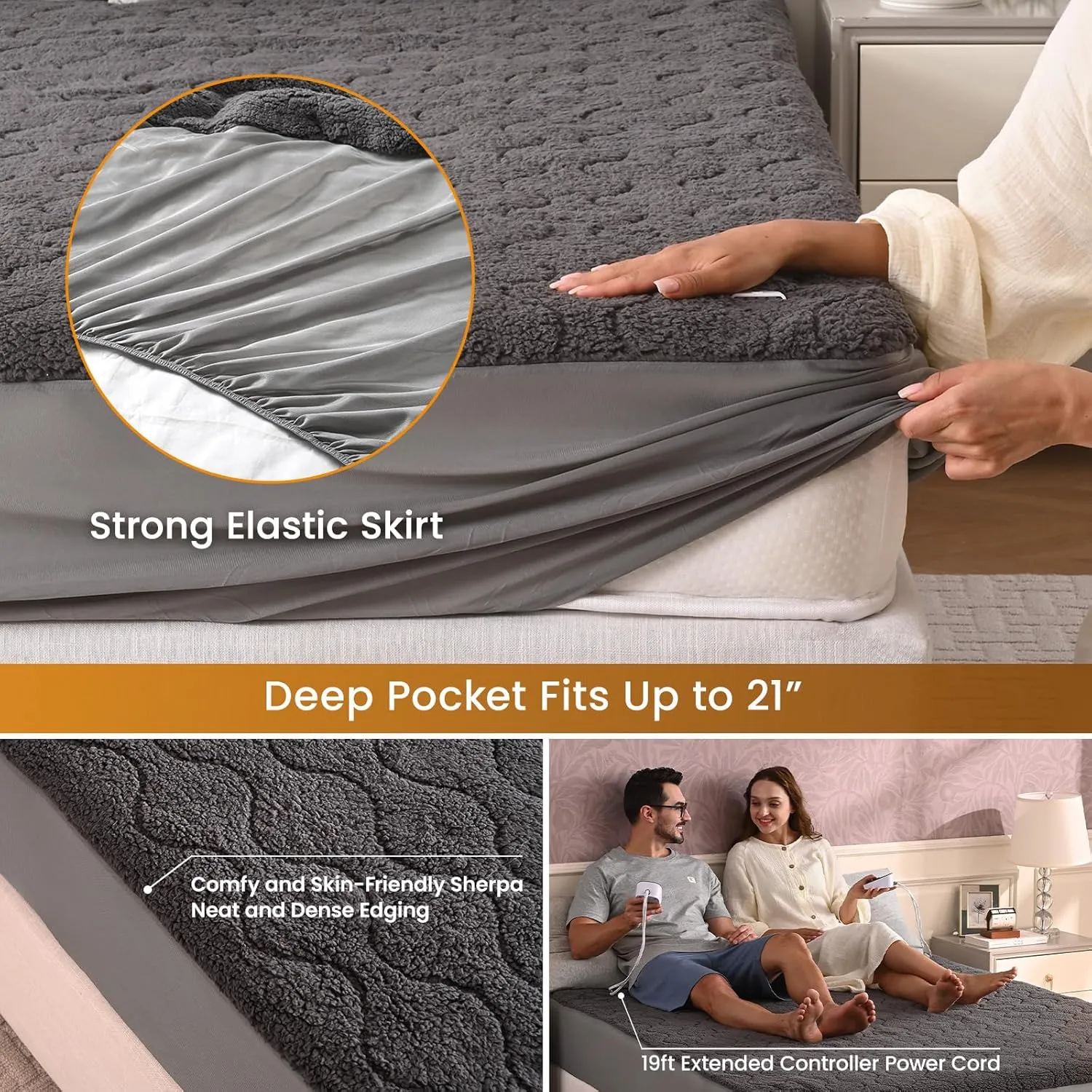 Bearhug Electric Heated Mattress Pads King Size Dual Controllers 7880 Sherpa Bed Warmer 21 Deep Pocket 10 Heat Settings 12-Hour Timer Machine Washable Gray