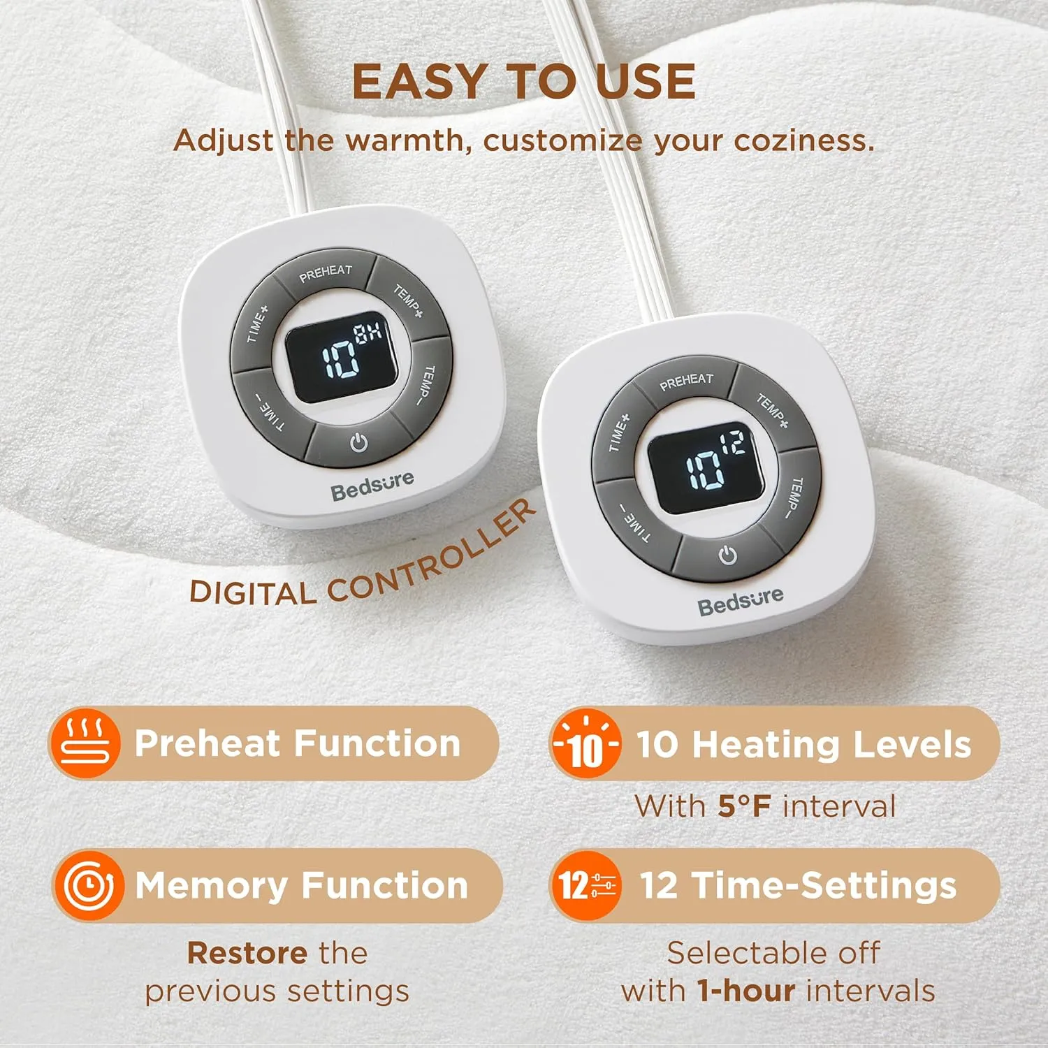 Bedsure Heated Mattress Pad Queen - Bed Warmer with Memory & Preheat Function, 12-Hour Auto Off & 10 Heat Settings, Dual Controllers, Fast Heating, Coral Fleece Electric Mattress Pad Queen, 60"x80"