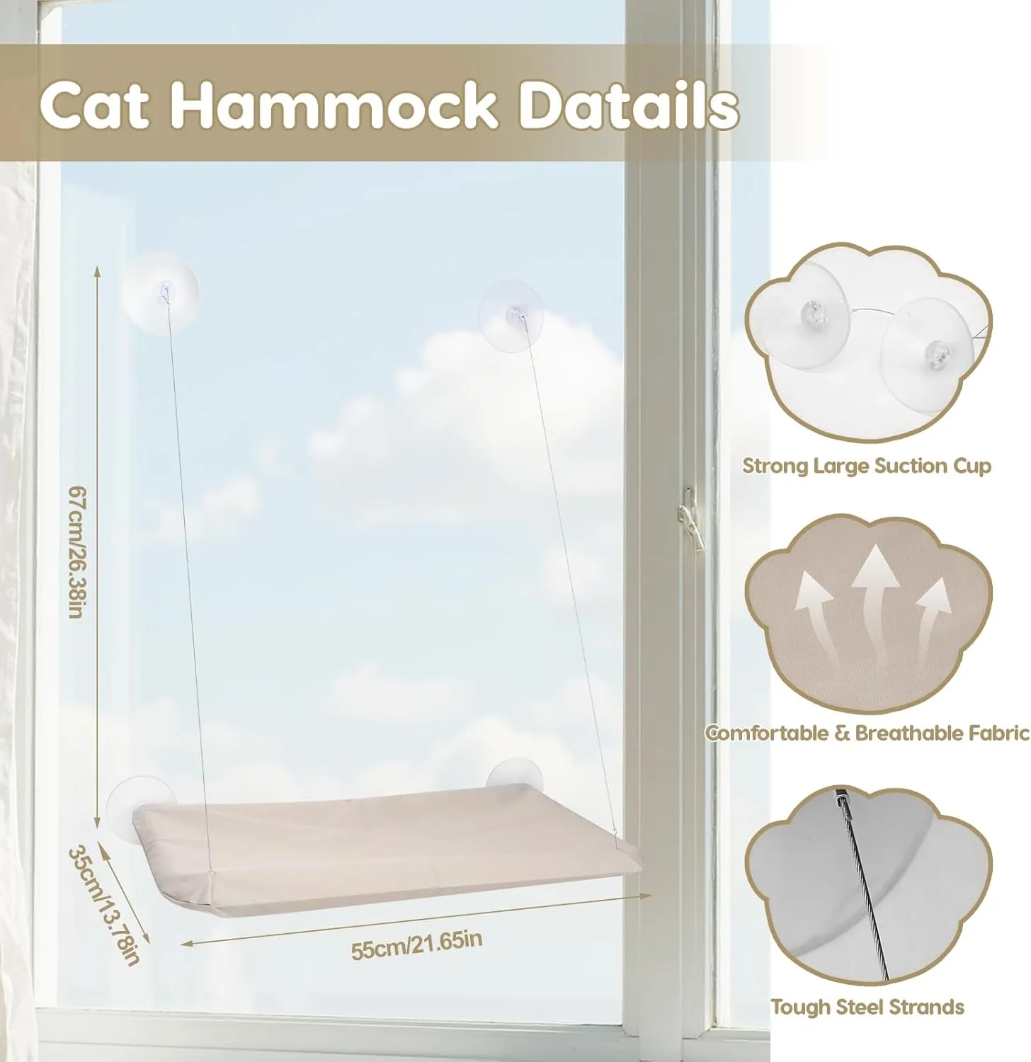 Cat Window Perch, Hanging Cat Hammock for Window, Foldable Cats Windows Bed with 4 Suction Cup, Windows Hammock for Cats Inside Perch Hold up to 44 Pounds Two Pets (Khaki, L)