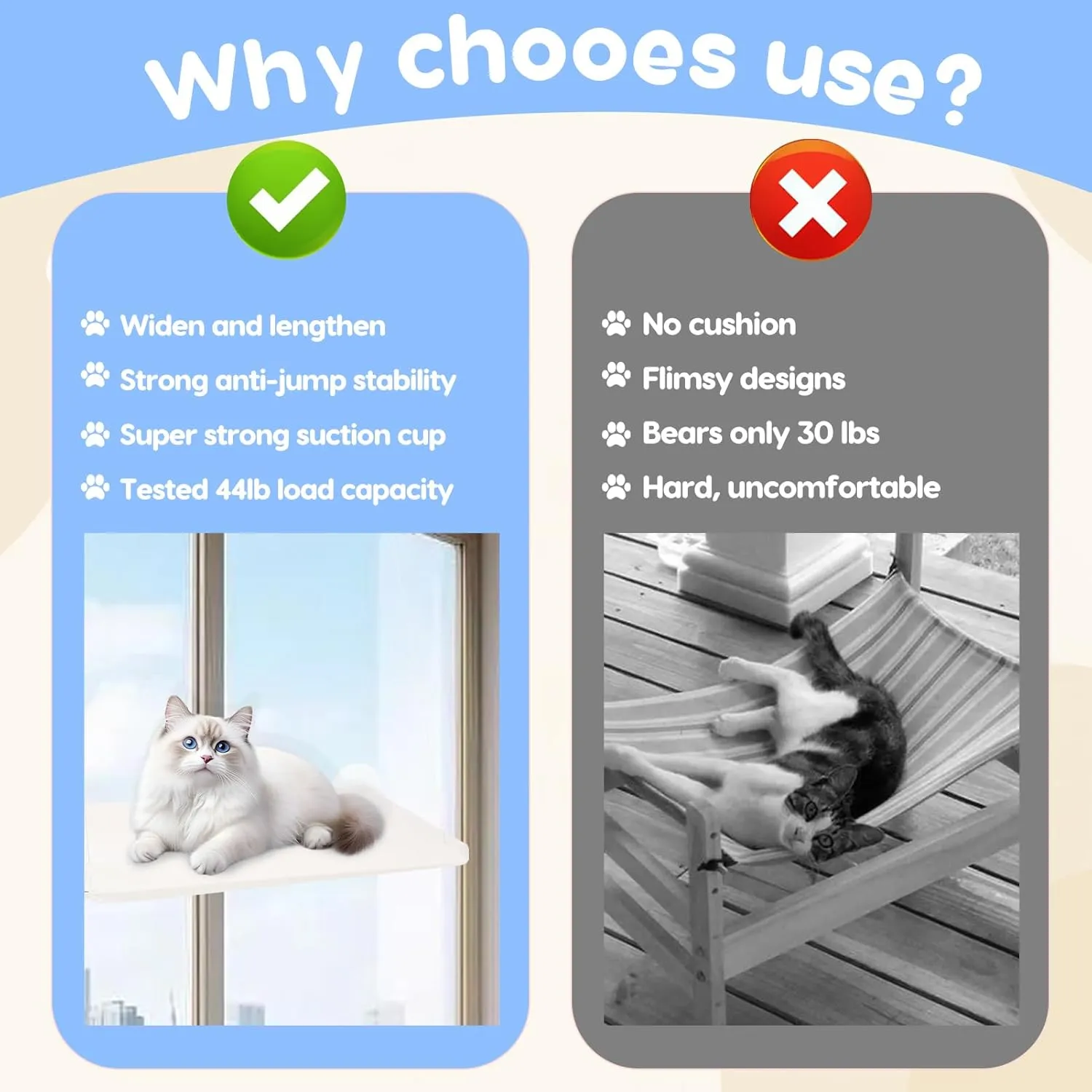 Cat Window Perch, Hanging Cat Hammock for Window, Foldable Cats Windows Bed with 4 Suction Cup, Windows Hammock for Cats Inside Perch Hold up to 44 Pounds Two Pets
