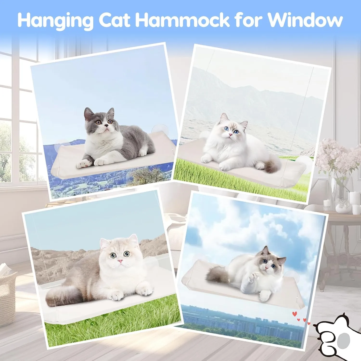 Cat Window Perch, Hanging Cat Hammock for Window, Foldable Cats Windows Bed with 4 Suction Cup, Windows Hammock for Cats Inside Perch Hold up to 44 Pounds Two Pets