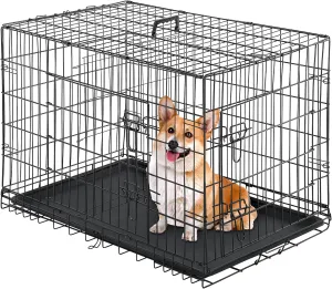 Furniture of America Yucca Metal Double Door Folding Wire Pet Crate with Divider, Removable Tray, and Handle for Outdoor and Indoor Medium Dog, 42-inch, Black