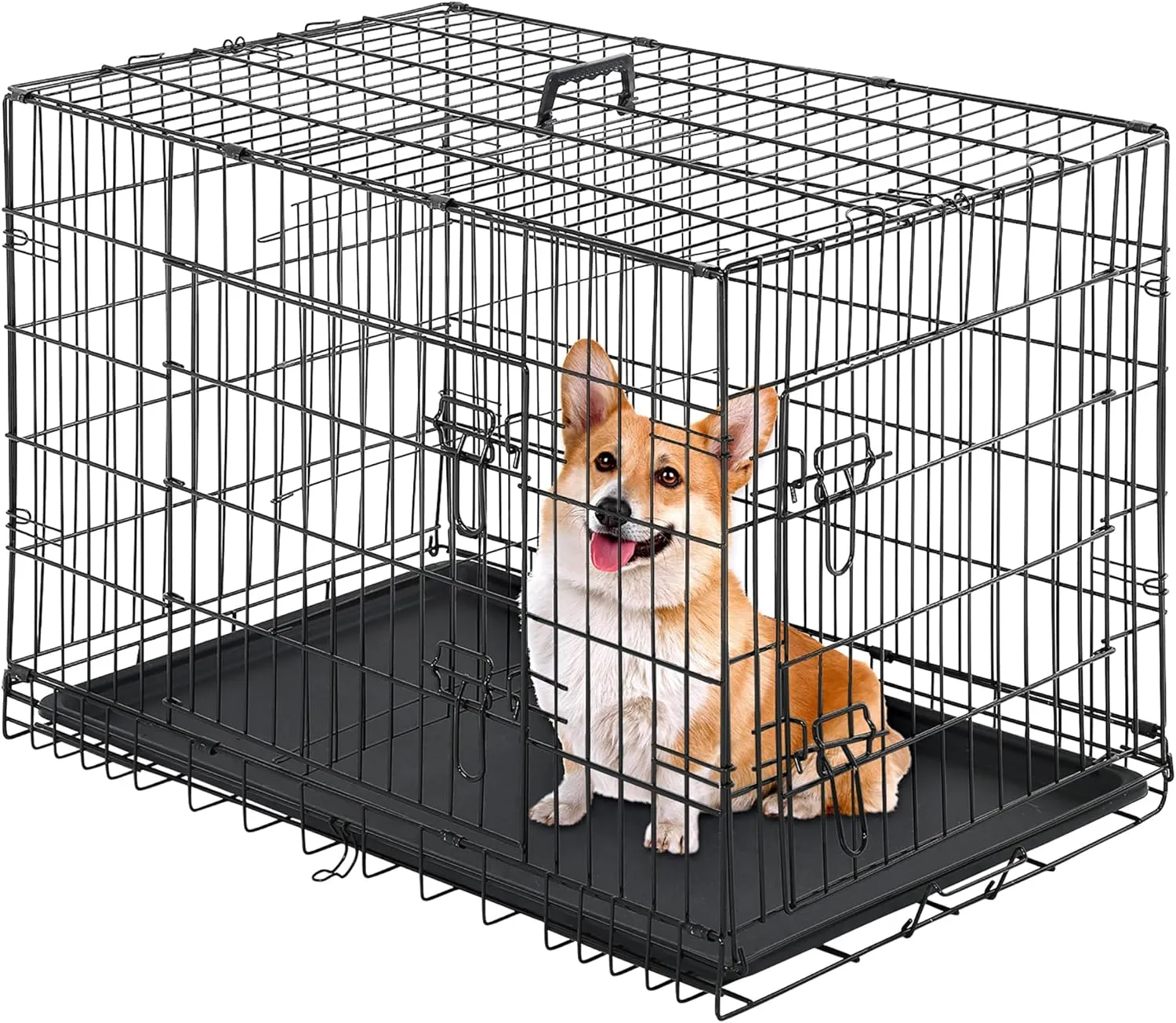 Furniture of America Yucca Metal Double Door Folding Wire Pet Crate with Divider, Removable Tray, and Handle for Outdoor and Indoor Medium Dog, 42-inch, Black