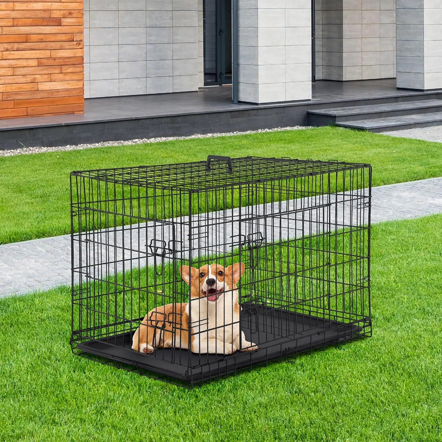 Furniture of America Yucca Metal Double Door Folding Wire Pet Crate with Divider, Removable Tray, and Handle for Outdoor and Indoor Medium Dog, 42-inch, Black