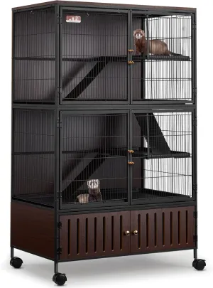 HABUTWAY 60''H Metal Large Ferret Cage, Rolling Chinchilla Cage with Removable Ramps& Double Door, Critter Nation with Locker, Small Animal Cage, Rat Indoor Wooden Pet Crate Furniture
