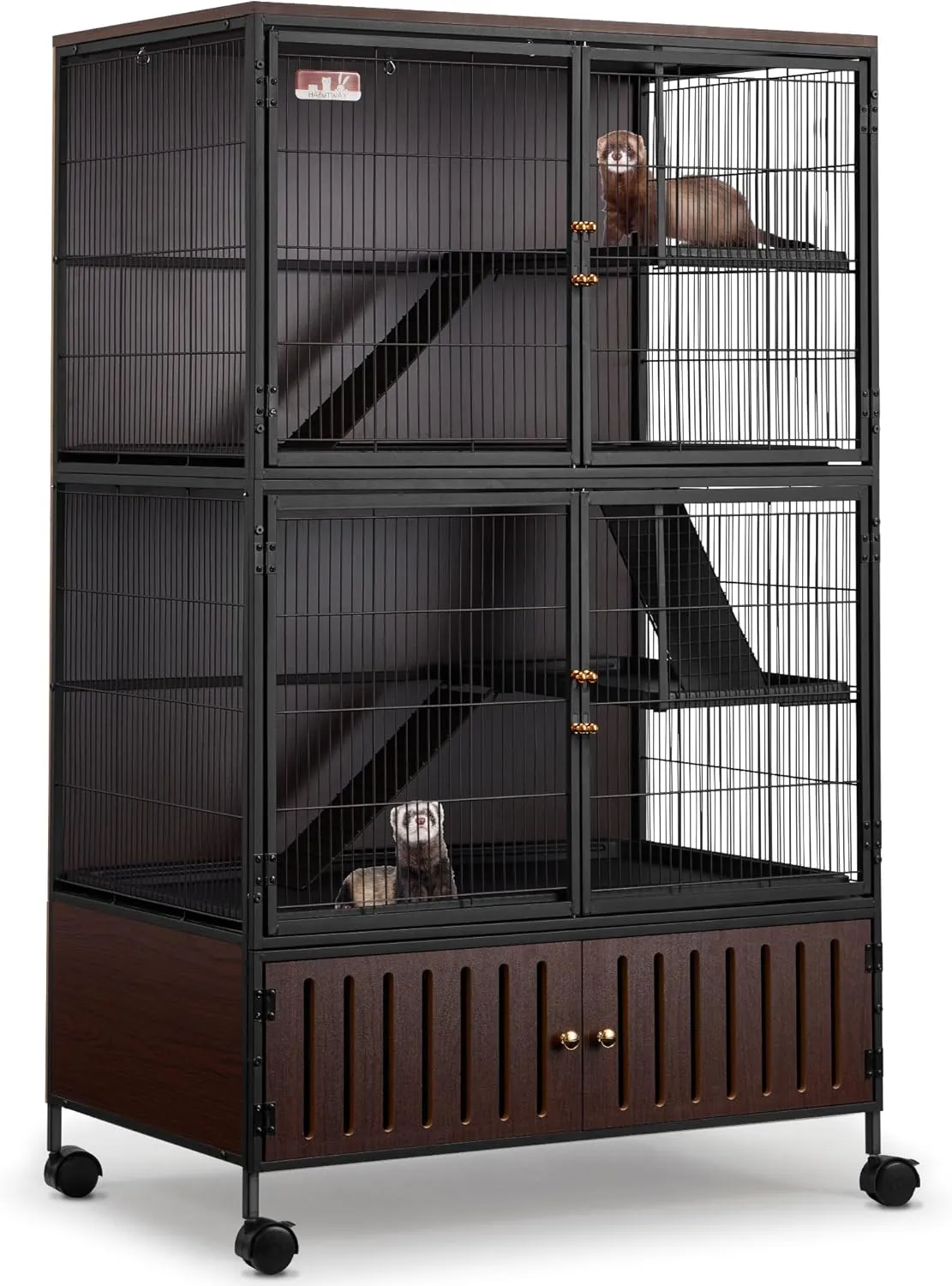 HABUTWAY 60''H Metal Large Ferret Cage, Rolling Chinchilla Cage with Removable Ramps& Double Door, Critter Nation with Locker, Small Animal Cage, Rat Indoor Wooden Pet Crate Furniture