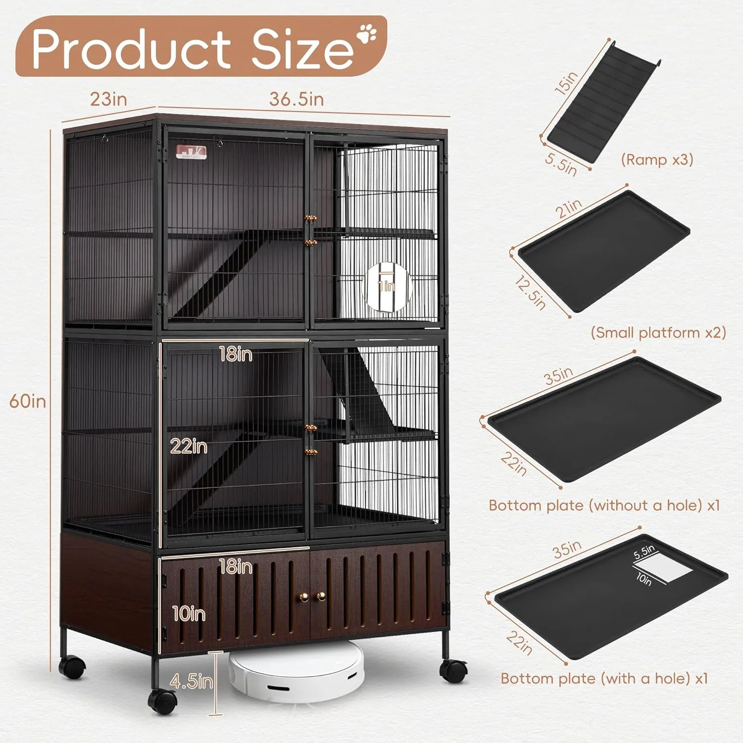 HABUTWAY 60''H Metal Large Ferret Cage, Rolling Chinchilla Cage with Removable Ramps& Double Door, Critter Nation with Locker, Small Animal Cage, Rat Indoor Wooden Pet Crate Furniture