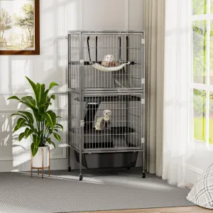 Metal Ferret Cage with 6" Deep Bottom Tray, 4 Tier Small Animal Cage with 2 Big Doors, Rolling Chinchilla Cage for Sugar Glider, Squirrel, Gray
