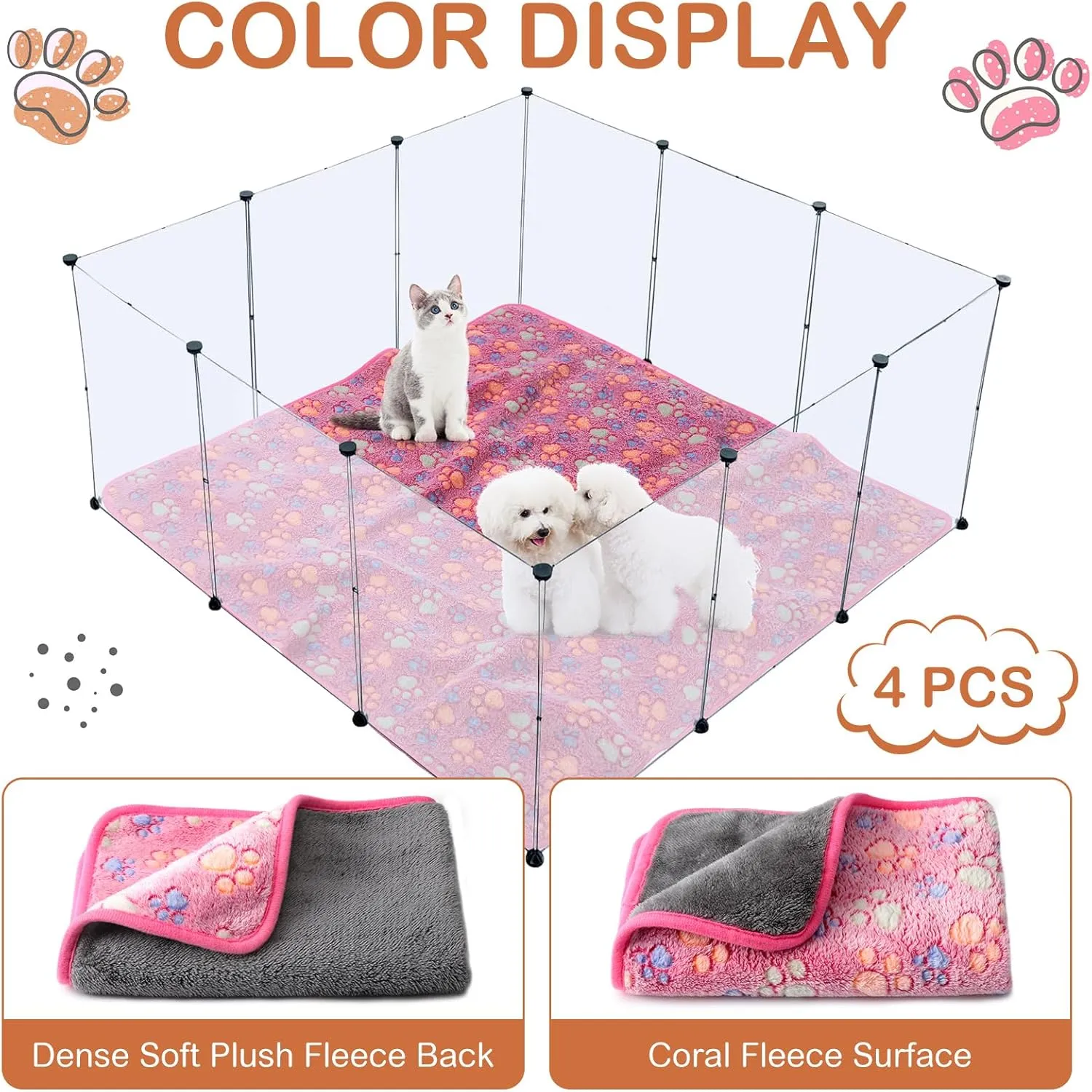 Panelee 4 Pcs Waterproof Dog Blankets Washable Puppy Paw Print Fleece Blanket for Small Medium Pet Cat Whelping Warm Soft Sleep Mat Guinea Pig Cage Liners(Multicolor,36 x 36 Inch)