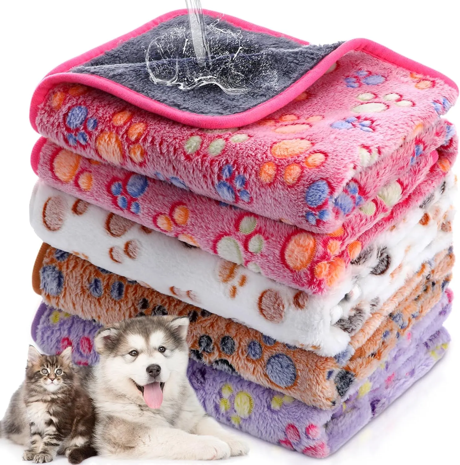 Panelee 4 Pcs Waterproof Dog Blankets Washable Puppy Paw Print Fleece Blanket for Small Medium Pet Cat Whelping Warm Soft Sleep Mat Guinea Pig Cage Liners(Multicolor,36 x 36 Inch)