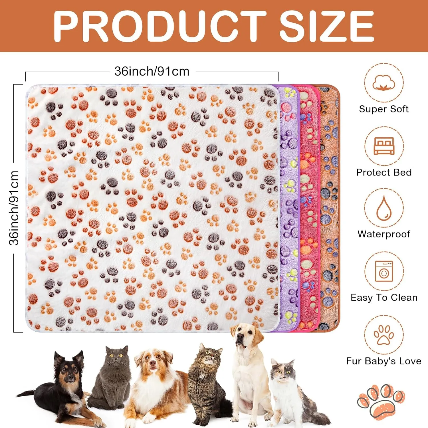 Panelee 4 Pcs Waterproof Dog Blankets Washable Puppy Paw Print Fleece Blanket for Small Medium Pet Cat Whelping Warm Soft Sleep Mat Guinea Pig Cage Liners(Multicolor,36 x 36 Inch)