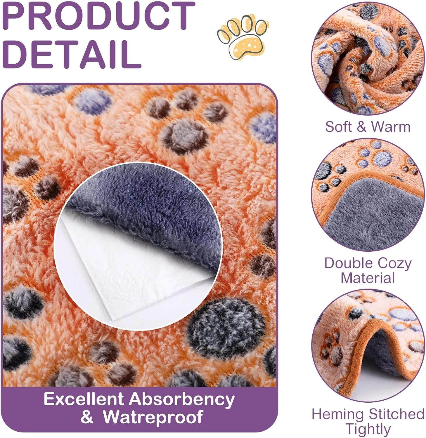 Panelee 4 Pcs Waterproof Dog Blankets Washable Puppy Paw Print Fleece Blanket for Small Medium Pet Cat Whelping Warm Soft Sleep Mat Guinea Pig Cage Liners(Multicolor,36 x 36 Inch)