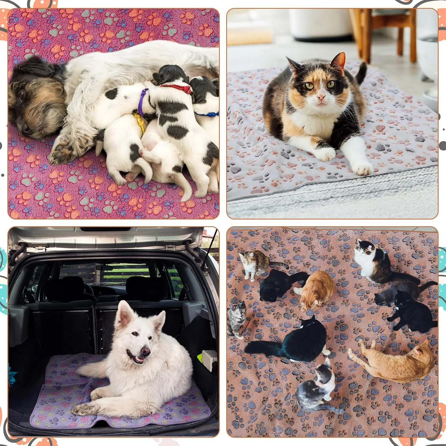 Panelee 4 Pcs Waterproof Dog Blankets Washable Puppy Paw Print Fleece Blanket for Small Medium Pet Cat Whelping Warm Soft Sleep Mat Guinea Pig Cage Liners(Multicolor,36 x 36 Inch)
