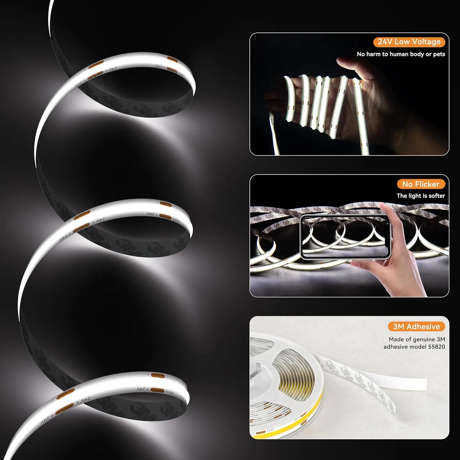 PAUTIX COB LED Strip Light 2520LEDs,Super Bright 5200Lumen 6500K White 16.4ft/5m,Dimmable 24V LED Tape Light with 3M Tape,RF Remote with Timer Function,36W Power Supply,for Bedroom,Home,Kitchen DIY