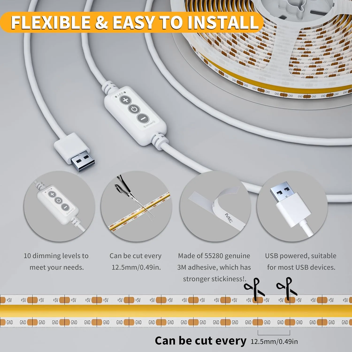 PAUTIX COB LED Strip Light 6.56ft/2m, 640LEDs 1200lm Dimmable 5V USB LED Strip White 4000K CRI90  TV Backlight,USB Powered Flexible Under Cabinet LED Tape Light for Bedroom,Kitchen,Home DIY Lighting