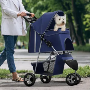 Pet Stroller for Small Dogs 10 lbs, Dog Stroller for Medium Dogs 30 lbs, Cat Strollers for 2 Cats, 3 Wheels Foldable Jogger Puppy Stroller with Storage Basket and Cup Holder, Navy Blue