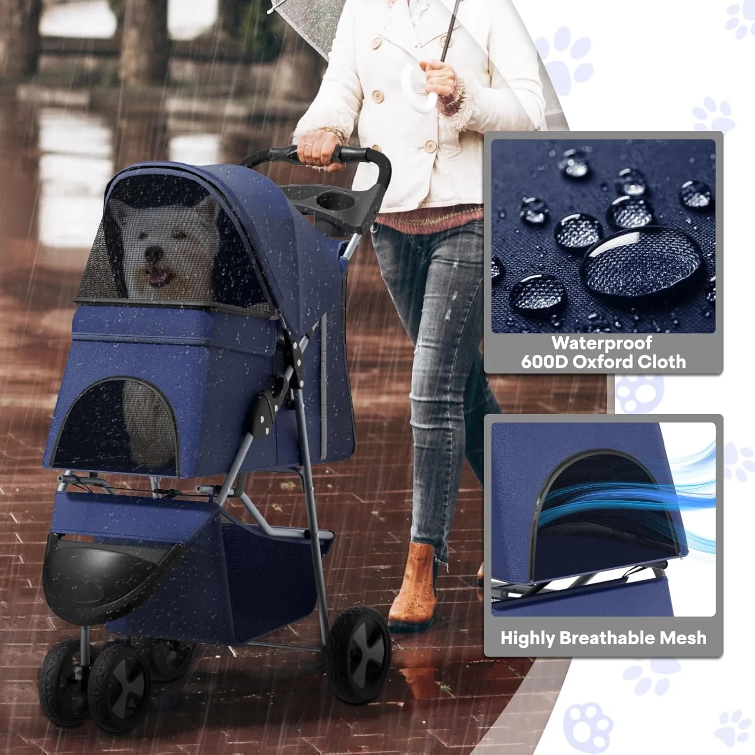 Pet Stroller for Small Dogs 10 lbs, Dog Stroller for Medium Dogs 30 lbs, Cat Strollers for 2 Cats, 3 Wheels Foldable Jogger Puppy Stroller with Storage Basket and Cup Holder, Navy Blue