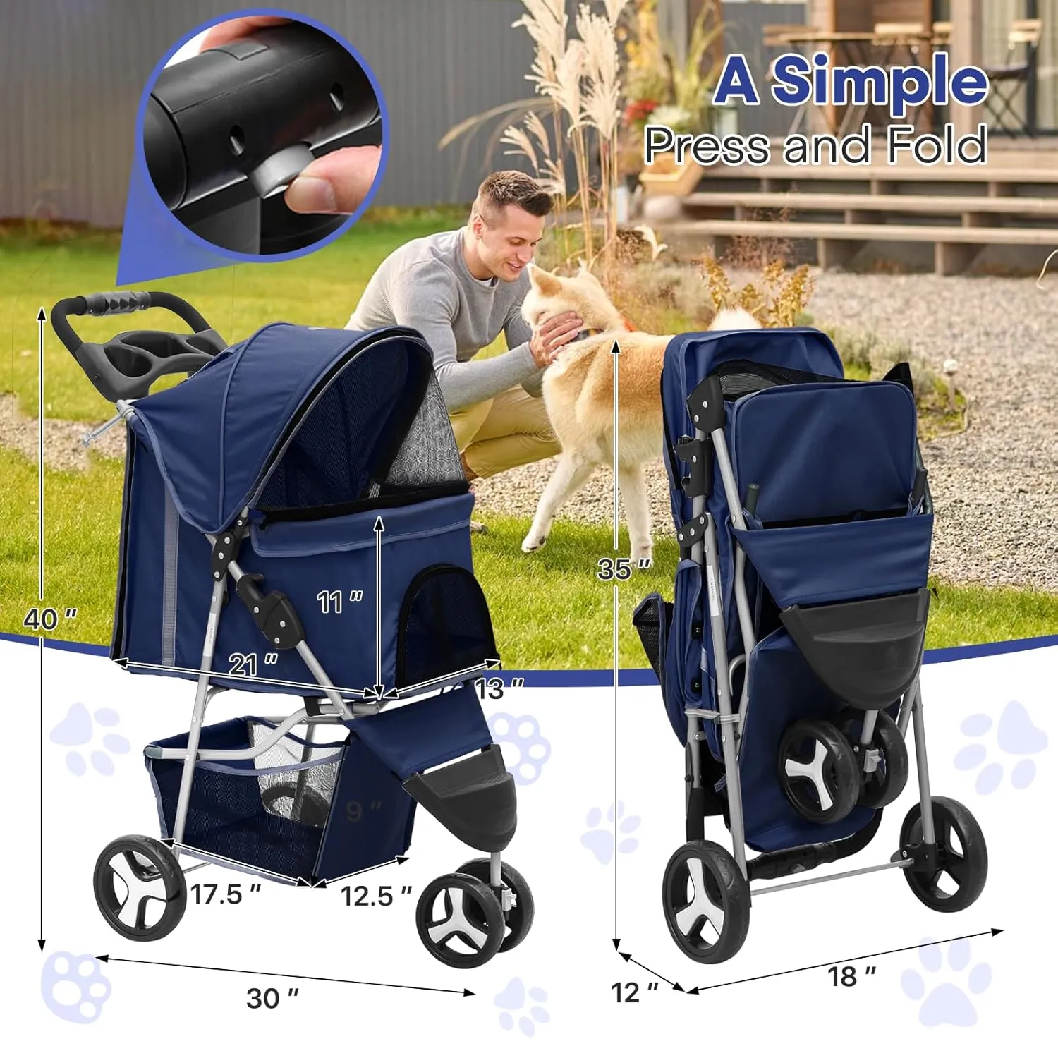 Pet Stroller for Small Dogs 10 lbs, Dog Stroller for Medium Dogs 30 lbs, Cat Strollers for 2 Cats, 3 Wheels Foldable Jogger Puppy Stroller with Storage Basket and Cup Holder, Navy Blue