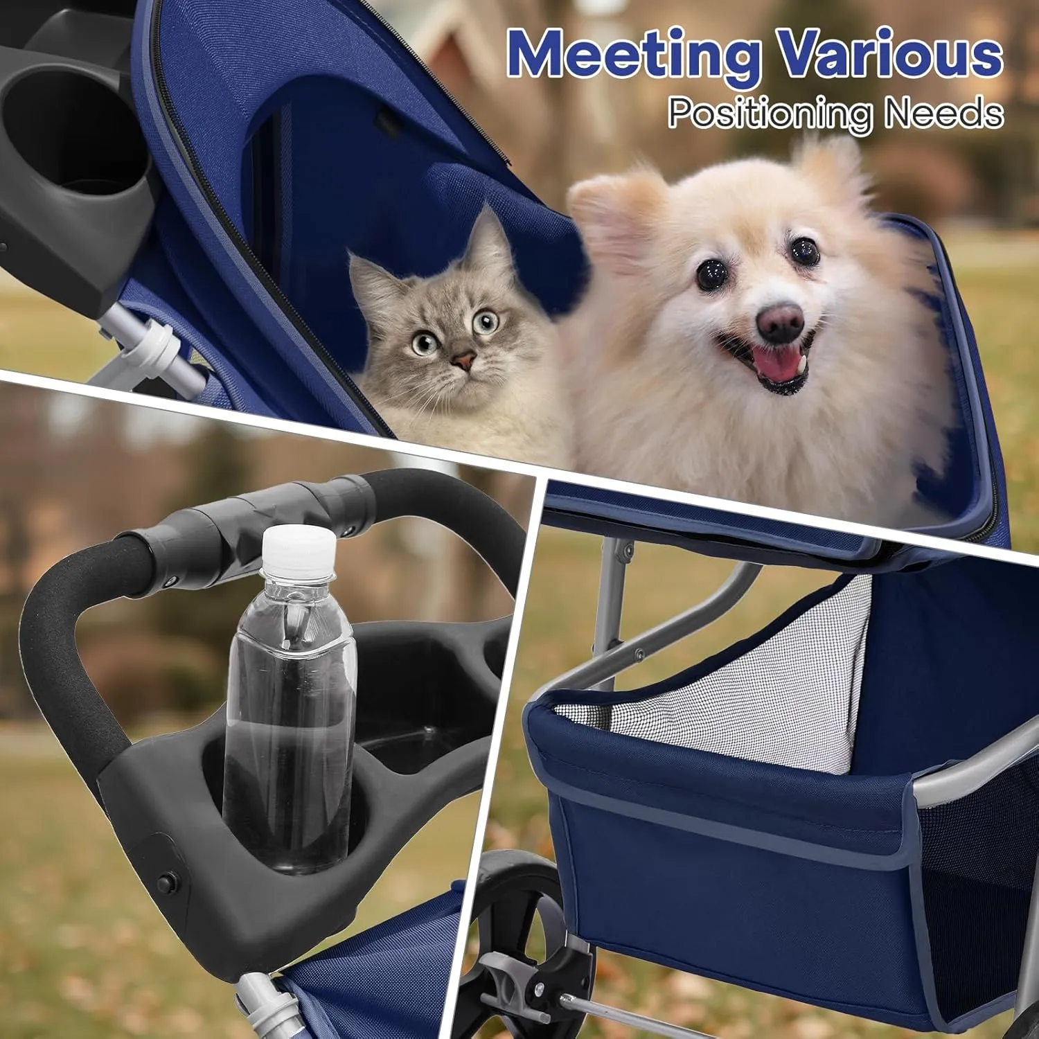 Pet Stroller for Small Dogs 10 lbs, Dog Stroller for Medium Dogs 30 lbs, Cat Strollers for 2 Cats, 3 Wheels Foldable Jogger Puppy Stroller with Storage Basket and Cup Holder, Navy Blue
