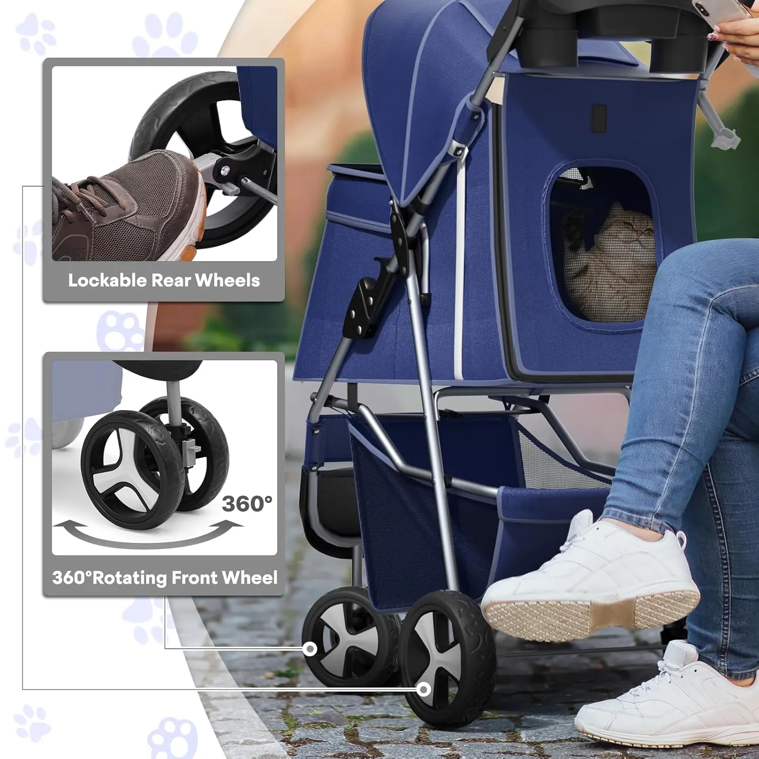 Pet Stroller for Small Dogs 10 lbs, Dog Stroller for Medium Dogs 30 lbs, Cat Strollers for 2 Cats, 3 Wheels Foldable Jogger Puppy Stroller with Storage Basket and Cup Holder, Navy Blue