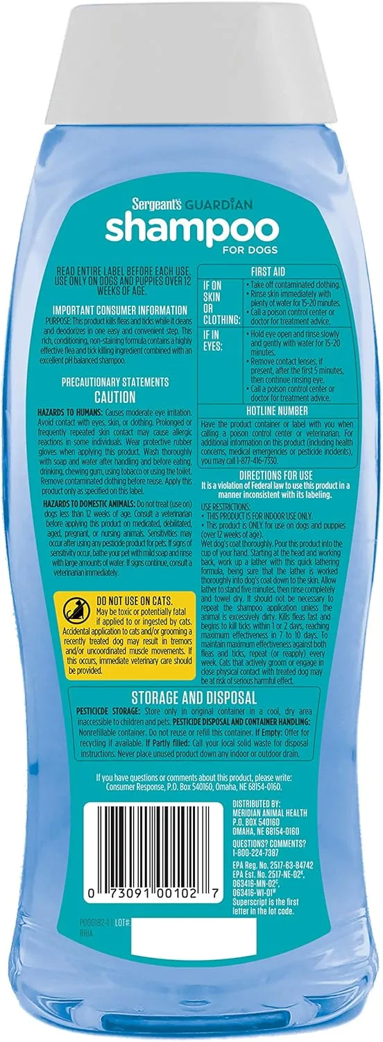 Sergeant's Guardian Flea & Tick Dog Shampoo, Clean Cotton Scent, 18 oz. (Pack of 2)