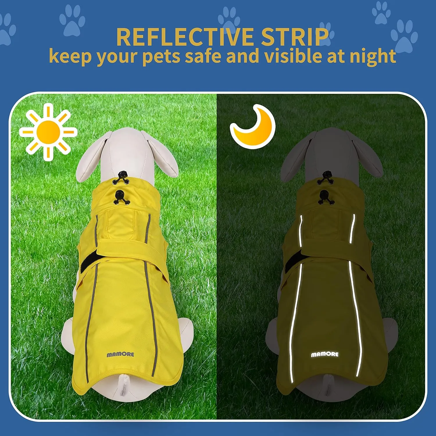Waterproof Dog Raincoat with Reflective Strip, Adjustable Breathable Rain Coat Jacket with Leash Hole for Dogs (Blue, Small)