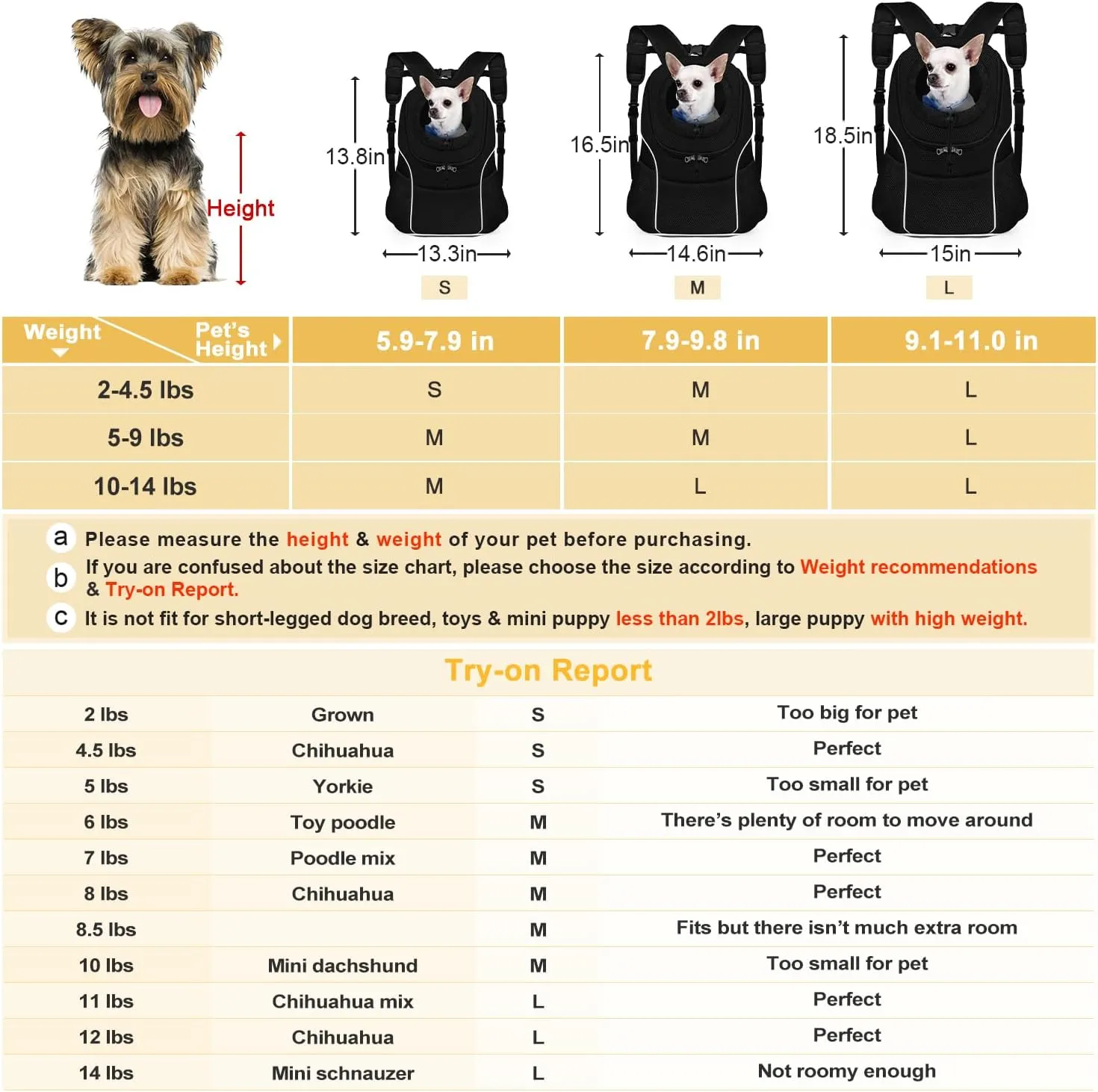 WOYYHO Pet Dog Carrier Backpack Small Dog Front Backpack Ventilated Dog Carrier Back Pack with Storage Pockets, Adjustable Straps & Safety Belt for Travel Hiking Outdoor(Size L: 10-14 lbs, All Black)